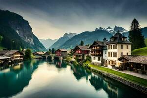 ein Fluss läuft durch ein Dorf im das Berge. KI-generiert foto