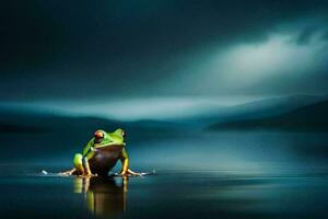 ein Frosch Sitzung auf das Kante von ein See im das dunkel. KI-generiert foto