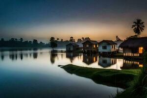 ein klein Dorf auf das Wasser beim Sonnenaufgang. KI-generiert foto