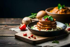 ein Teller von Essen mit Kartoffeln und Eier. KI-generiert foto