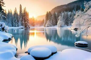 Winter Landschaft mit Schnee bedeckt Bäume und Felsen. KI-generiert foto