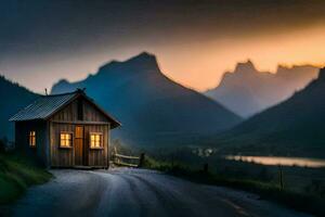 das Haus auf das Straße, Person, Berge, Sonnenuntergang, hd Hintergrund. KI-generiert foto