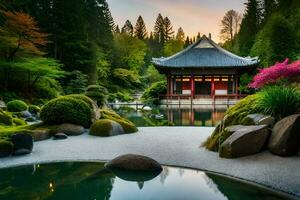 das japanisch Garten im das Vancouver Garten Stadt. KI-generiert foto