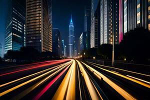 ein Stadt Straße beim Nacht mit Licht Wanderwege. KI-generiert foto