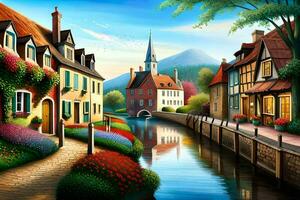ein Gemälde von ein klein Stadt, Dorf mit Häuser und ein Fluss. KI-generiert foto