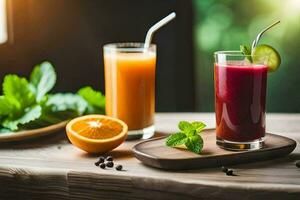 zwei Brille von Saft mit frisch Früchte und Minze Blätter. KI-generiert foto