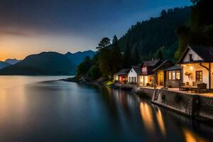 ein Haus auf das Ufer von ein See beim Dämmerung. KI-generiert foto