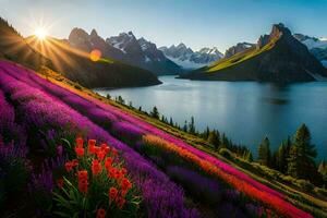 das Sonne steigt an Über das Berge und Blumen im das Vordergrund. KI-generiert foto