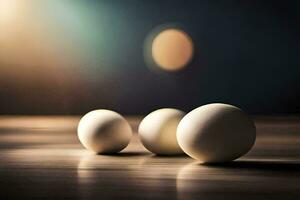drei Weiß Eier auf ein Tabelle mit ein Licht hinter ihnen. KI-generiert foto