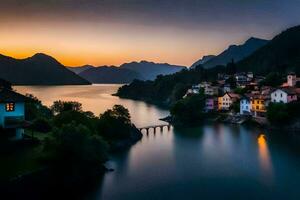 Foto Hintergrund das Himmel, Berge, See, das Stadt, das Dorf, das Brücke, Die. KI-generiert