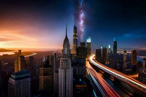 das Stadt beim Nacht mit ein lange Belichtung. KI-generiert foto