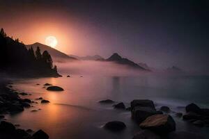 ein voll Mond steigt an Über das Wasser und Berge. KI-generiert foto