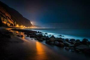 ein Strand beim Nacht mit Felsen und Wasser. KI-generiert foto