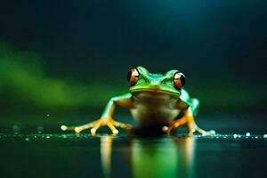 ein Frosch Sitzung auf das Boden mit es ist Augen offen. KI-generiert foto