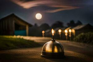 ein Kerze ist zündete im Vorderseite von ein Haus beim Nacht. KI-generiert foto