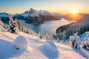 Schnee bedeckt Bäume und Berge beim Sonnenuntergang. KI-generiert foto