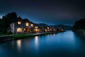 ein Haus auf das Fluss beim Nacht. KI-generiert foto