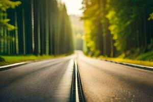 ein lange Straße im das Wald. KI-generiert foto