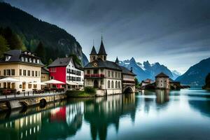 ein Stadt, Dorf ist umgeben durch Berge und Wasser. KI-generiert foto