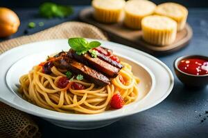 Spaghetti mit Fleisch und Tomate Soße. KI-generiert foto