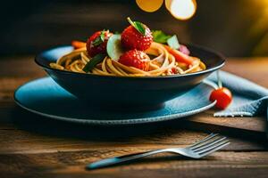ein Teller von Pasta mit Erdbeeren und Tomaten auf ein hölzern Tisch. KI-generiert foto