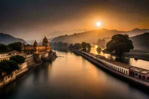 das Sonne steigt an Über das Fluss im Udaipur. KI-generiert foto