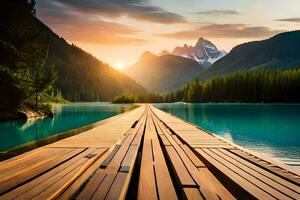 ein hölzern Dock führt zu ein See und Berge. KI-generiert foto