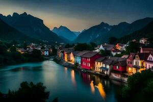 Foto Hintergrund das Himmel, Berge, Fluss, Häuser, das Nacht, das Berge, das Fluss. KI-generiert