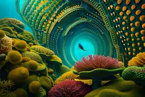 ein bunt unter Wasser Szene mit Koralle und ein Krake. KI-generiert foto