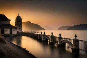 ein Kirche ist gesehen beim Sonnenuntergang auf ein Seebrücke. KI-generiert foto