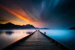 ein lange Seebrücke Dehnen in das Wasser beim Sonnenuntergang. KI-generiert foto