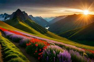 das Sonne steigt an Über ein Berg Angebot mit Blumen. KI-generiert foto