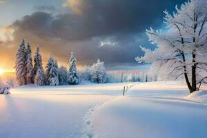 ein schneebedeckt Landschaft mit Bäume und Sonne. KI-generiert foto