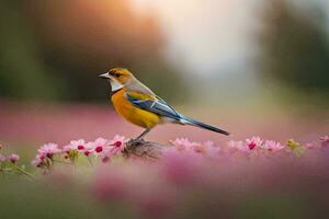 ein Vogel ist Stehen auf ein Ast im ein Feld von Rosa Blumen. KI-generiert foto