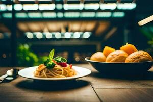 ein Teller von Spaghetti und Brot auf ein Tisch. KI-generiert foto