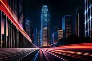 ein Stadt Straße beim Nacht mit Licht Wanderwege. KI-generiert foto