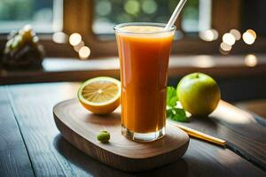 ein Glas von Orange Saft mit ein Stroh und ein Apfel. KI-generiert foto