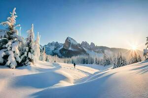 ein Person Gehen durch das Schnee auf ein sonnig Tag. KI-generiert foto