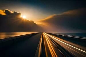 ein lange Exposition Foto von ein Auto Fahren auf ein Brücke beim Sonnenuntergang. KI-generiert