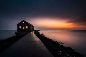 ein Haus auf das Wasser beim Sonnenuntergang. KI-generiert foto