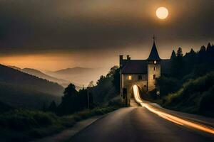 ein Straße führen zu ein Kirche im das Berge. KI-generiert foto