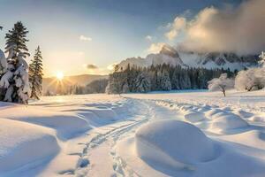 Schnee bedeckt Landschaft mit Bäume und Berge. KI-generiert foto