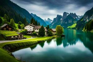 ein schön Berg See und ein Haus im das Mitte. KI-generiert foto