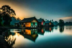 Häuser auf das Wasser beim Sonnenuntergang. KI-generiert foto