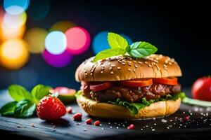 ein Hamburger mit Tomaten und Kräuter auf ein hölzern Tafel. KI-generiert foto