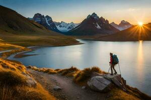 ein Mann mit ein Rucksack steht auf ein Felsen mit Blick auf ein See beim Sonnenuntergang. KI-generiert foto