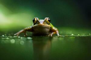 ein Frosch Sitzung auf das Wasser mit Wasser Tröpfchen. KI-generiert foto