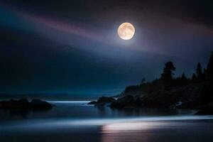 ein voll Mond steigt an Über das Ozean beim Nacht. KI-generiert foto