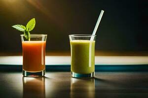 zwei Brille von Saft mit Strohhalme auf ein Tisch. KI-generiert foto