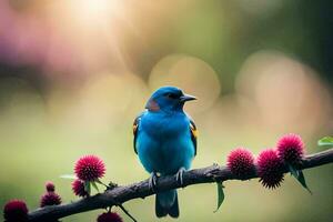 ein Blau Vogel sitzt auf ein Ast mit Rosa Blumen. KI-generiert foto